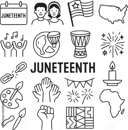 Juneteenth Line Icons Set – Freedom, History, and Celebration Symbols