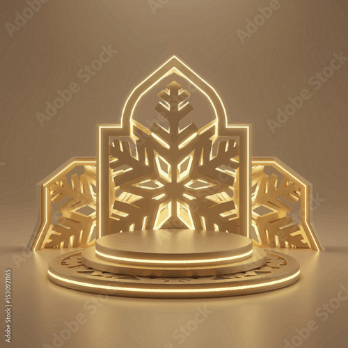 Elegant Golden Snowflake Stage Design Perfect for Holiday Branding Logos and Festive Product Displays Creating a Luxurious Winter Theme photo