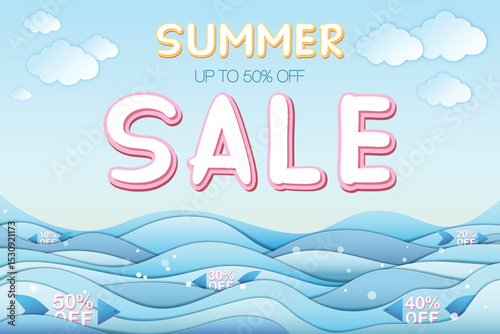 Summer sale banner featuring Summer sale and 50% off inscription, sea, clouds. Banner made in paper craft style, 3D, layered. Vector EPS illustration, eazy to edit