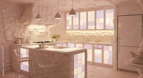 Modern Kitchen Design featuring Scalable Illuminated Cabinets and Textured Walls for Interior Decoration