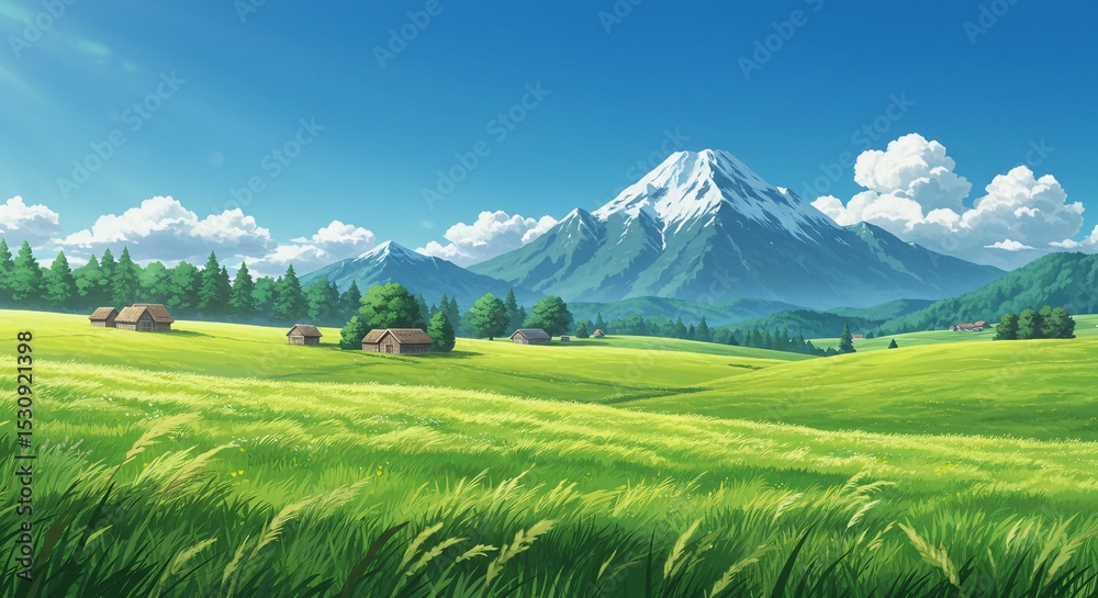 Fototapeta premium Anime Style Vibrant Green Hills with Snow-capped Mountains and Village