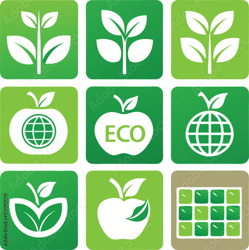 Collection of eco friendly green icons plants apples and global symbols for sustainable designs