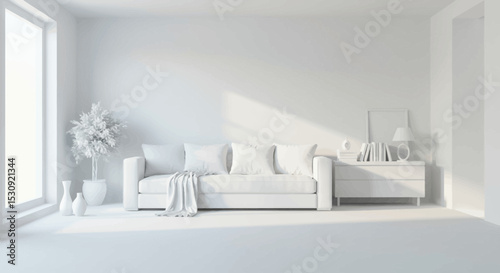 Modern minimalist living room design featuring a white sofa, plant, and side table ideal for interior design projects or home decor presentations.