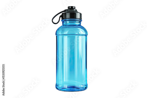Light-blue plastic water bottle with black cap and handle