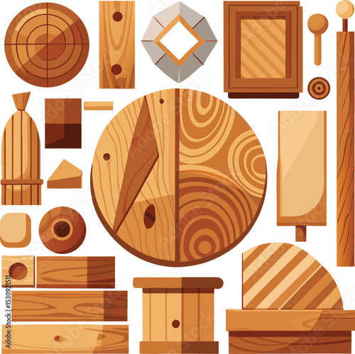 Collection of diverse wooden shapes and components for crafts or construction