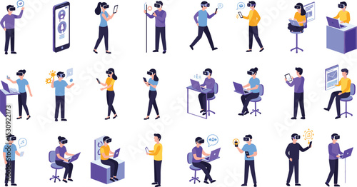 Flat vector illustration of people using virtual reality headsets, mobile technology, digital screens, business tools, and immersive smart interface devices

 flat vector illustration