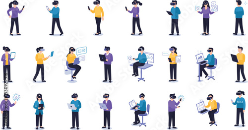 Flat vector illustration set of people using VR, digital devices, augmented reality, immersive experiences, smart technology, and virtual business tools

 flat vector illustration
