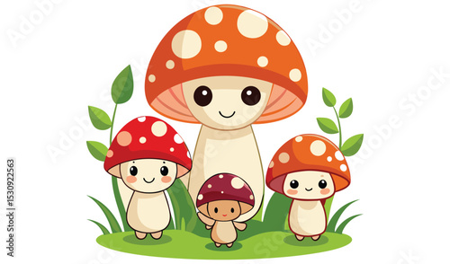 Cute cartoon mushrooms family in grass