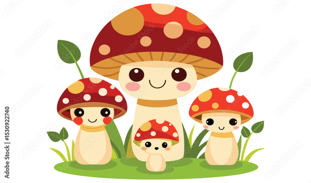 Obraz premium Cute cartoon mushroom family in grass