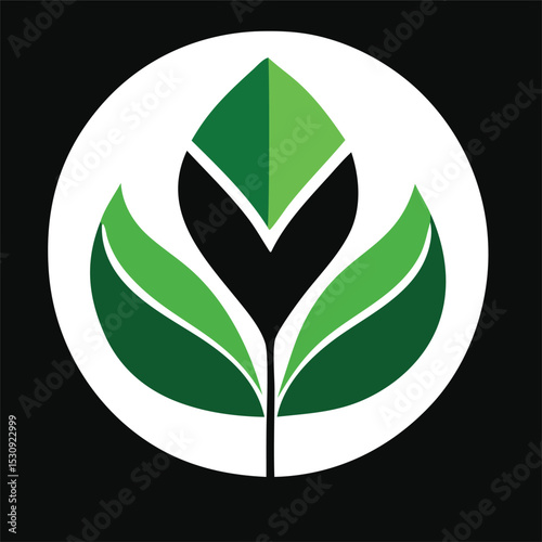 Abstract green leaf logo design in a circular frame on black background