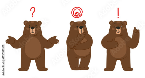 The bear has problems, the animal thought, the bear found a solution. Flat vector illustration, eps10