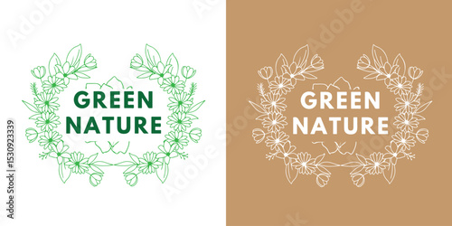 Minimalist floral emblem with hand-drawn leaves for organic logo branding

