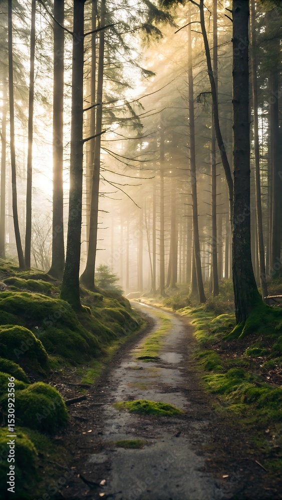 Obraz premium Sunlight Streams Through a Misty Forest, Illuminating Moss-Covered Ground