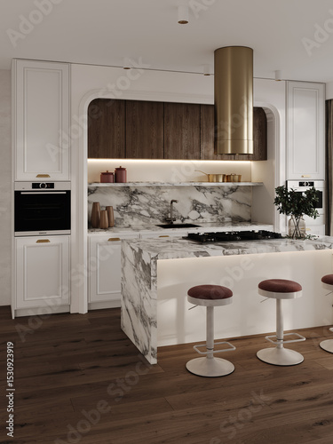 Fototapeta Naklejka Na Ścianę i Meble -  Modern classic style kitchen with walnut wooden facades, burgundy bar stools, marble kitchen island, brass decor.