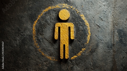 A symbol of a men's restroom or toilet sign for a public place. Man icon on a dark concrete wall with a yellow circle