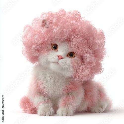 Fluffy Cat with Curly Pink Wig in Adorable 3D Render Style