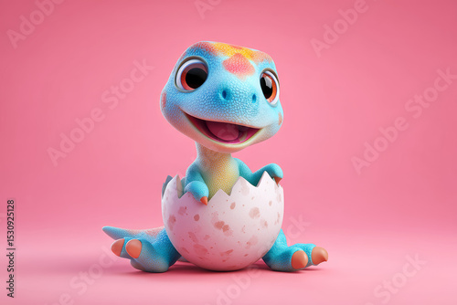 Charming 3D Cartoon Dino Hatching From a Vibrant Pink Egg
