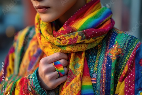 person in traditional clothing with subtle rainbow pin or detail, respectful style