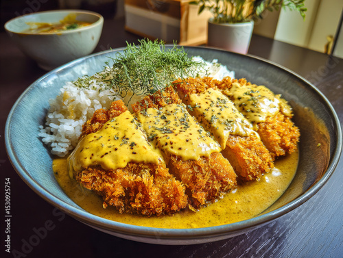 Creamy Japanese Curry Topped with Crispy Chicken and Rice