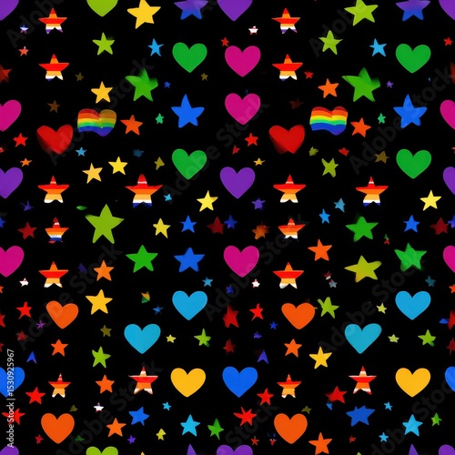 repeating pattern of rainbow icons: hearts, flags, stars, isolated seamless