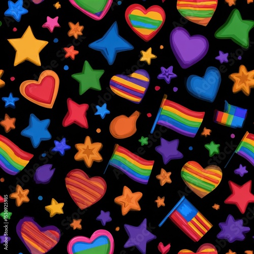 repeating pattern of rainbow icons: hearts, flags, stars, isolated seamless