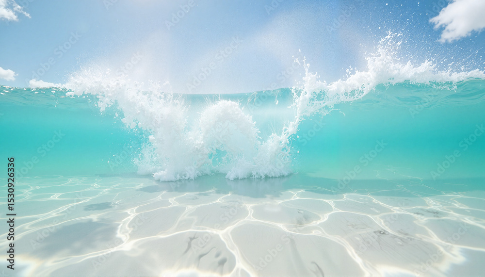 Fototapeta premium Ocean waves crashing on sandy beach under clear blue sky 