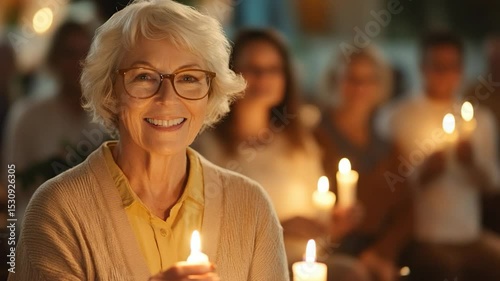 Woman holding candlelight vigil in soft focus