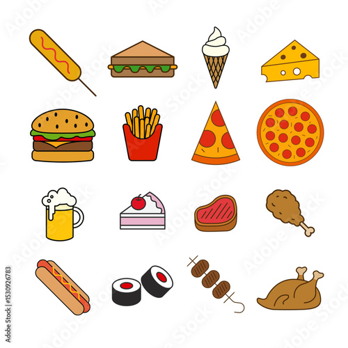 Flat Cartoon Food & Drink Icon Set – 16 Vector Illustrations