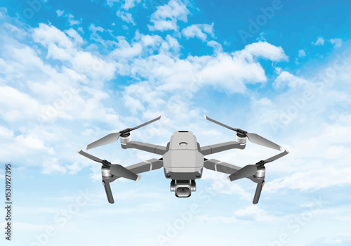 030-09-Grey drone with camera flying in blue sky with white clouds, innovative aerial technology for photography and videography. Hand drawn illustration