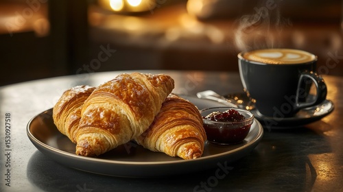 Golden croissants with coffee and jam