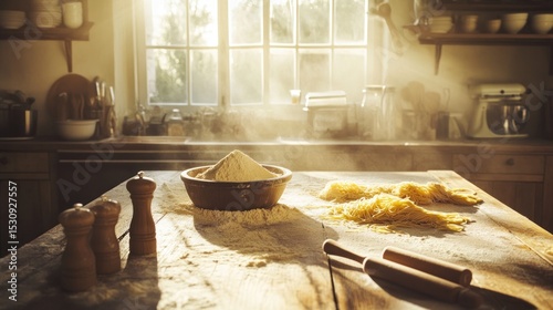 Sunlit kitchen, flour, pasta