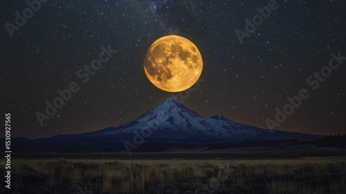 Full orange moon over snow-capped mountains at night