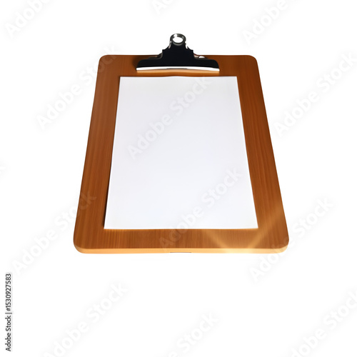 Low-angle office clipboard with clean white sheet, wood texture, vibrant lighting, bright lens flare, isolated transparent background PNG for business and design use

