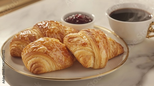 Golden croissants, coffee, and jam.  A perfect breakfast
