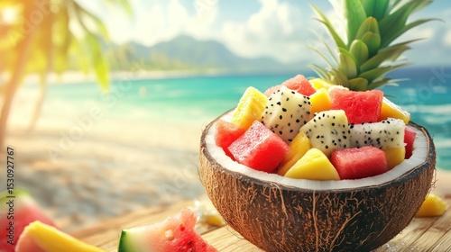 Tropical fruit salad in a coconut bowl on a beach