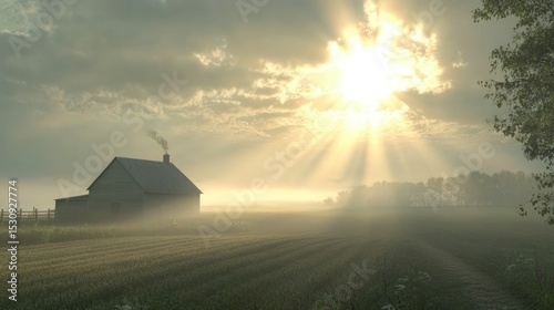 Misty morning farmhouse, sunbeams