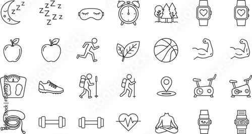 Vector icons of health and wellness featuring sleep, exercise, nutrition, fitness tracking, meditation, weight loss, and physical activity tools