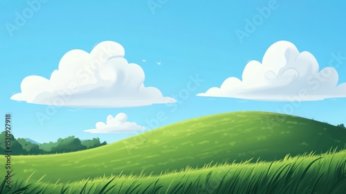 Lush green field under a bright blue sky with puffy white clouds