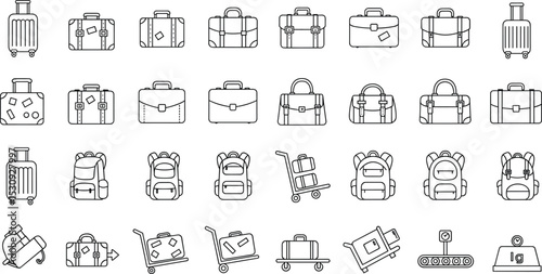 Vector icons of travel bags including luggage, suitcases, backpacks, briefcases, trolleys, and baggage claim for tourism and airport design