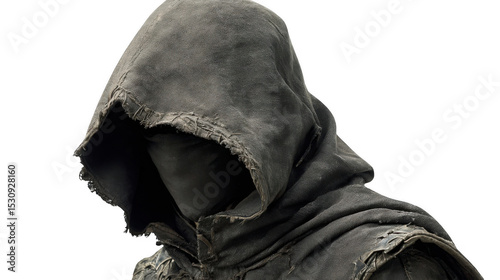 Hooded figure in a mask and cloak evokes mystery and intrigue, ideal for fantasy or medieval projects, featuring a transparent background for seamless integration