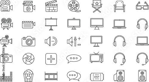 Vector icons of cinema, video production, film making, audio editing, movie tools, media devices, and entertainment equipment for creatives