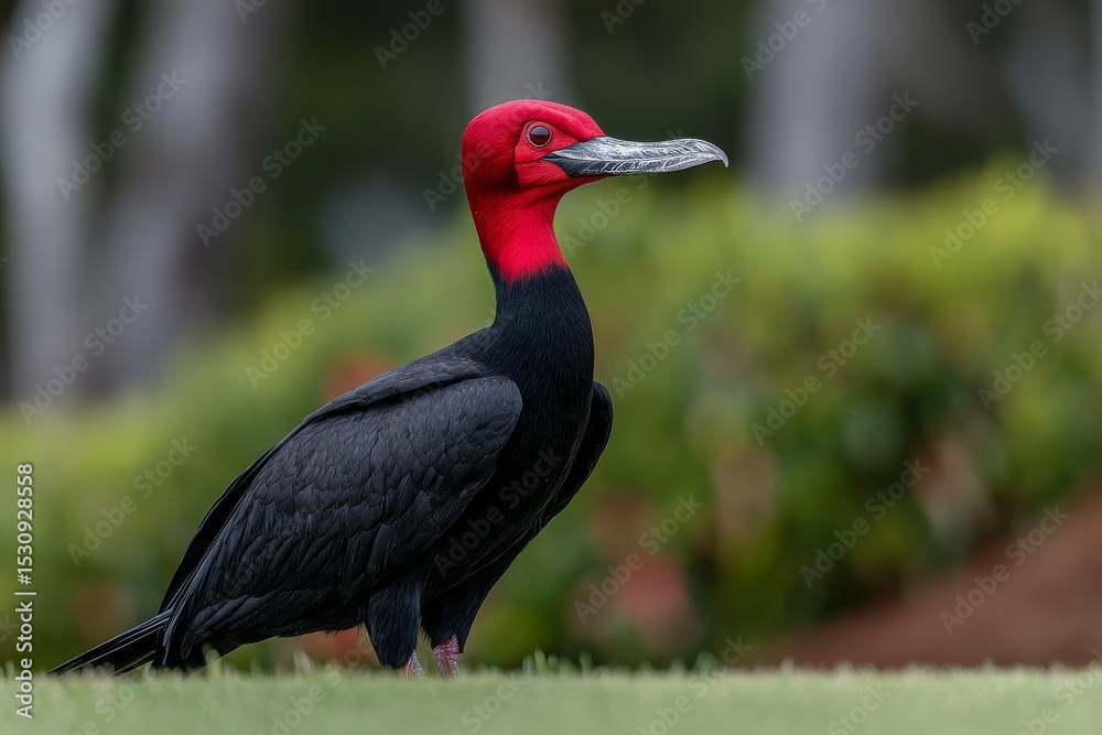 Fototapeta premium The Pantanal Wetlands in Mato Grosso, Brazil, serve as the backdrop for a close-up image of a Red-legged Seriema foraging on a green meadow