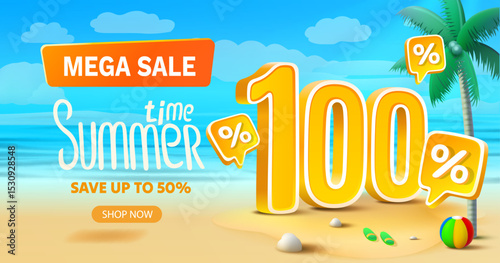Summer time, sale offer 100 percentage, flyer party on the beach. Vector illustration