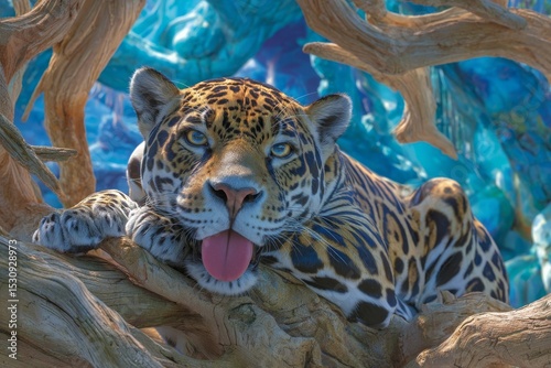 A majestic Jaguar is resting on a tree trunk at the river's edge in the Pantanal Wetlands, Mato Grosso, Brazil, and is facing the camera