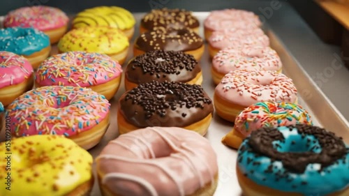 Dazzling Donuts: A delectable assortment of colorful, freshly glazed donuts in vibrant colors, capturing the mouthwatering charm of these delightful treats. 