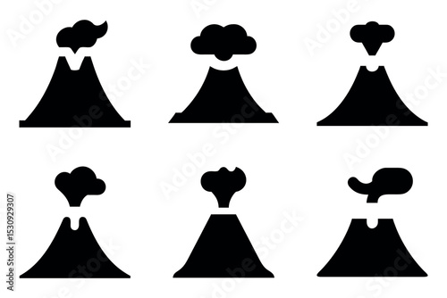 six simple black volcano icons set
