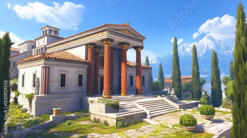 Ancient Greek Temple by the Mountains