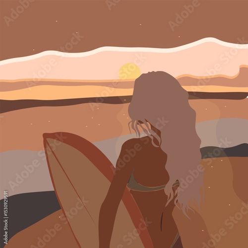 Abstract Fashion Sunset Beach Girl In Swimsuit And Surf Trendy Groovy Illustration Vector Design