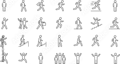 Vector icons of stick figure humans walking, running, jumping, climbing stairs, celebrating, and interacting for motion, fitness, and teamwork designs