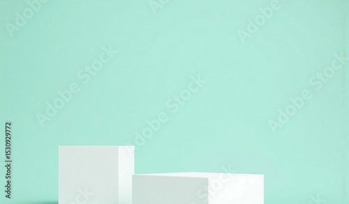 White cubic podiums on pastel mint background, clean minimal mockup for editorial and modern design showcase